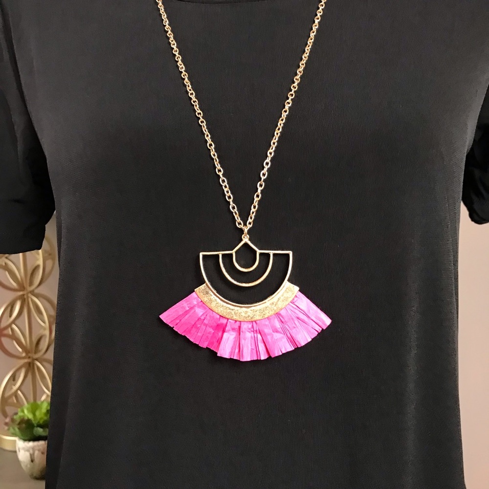 Pink Fan Long Gold Chain Necklace